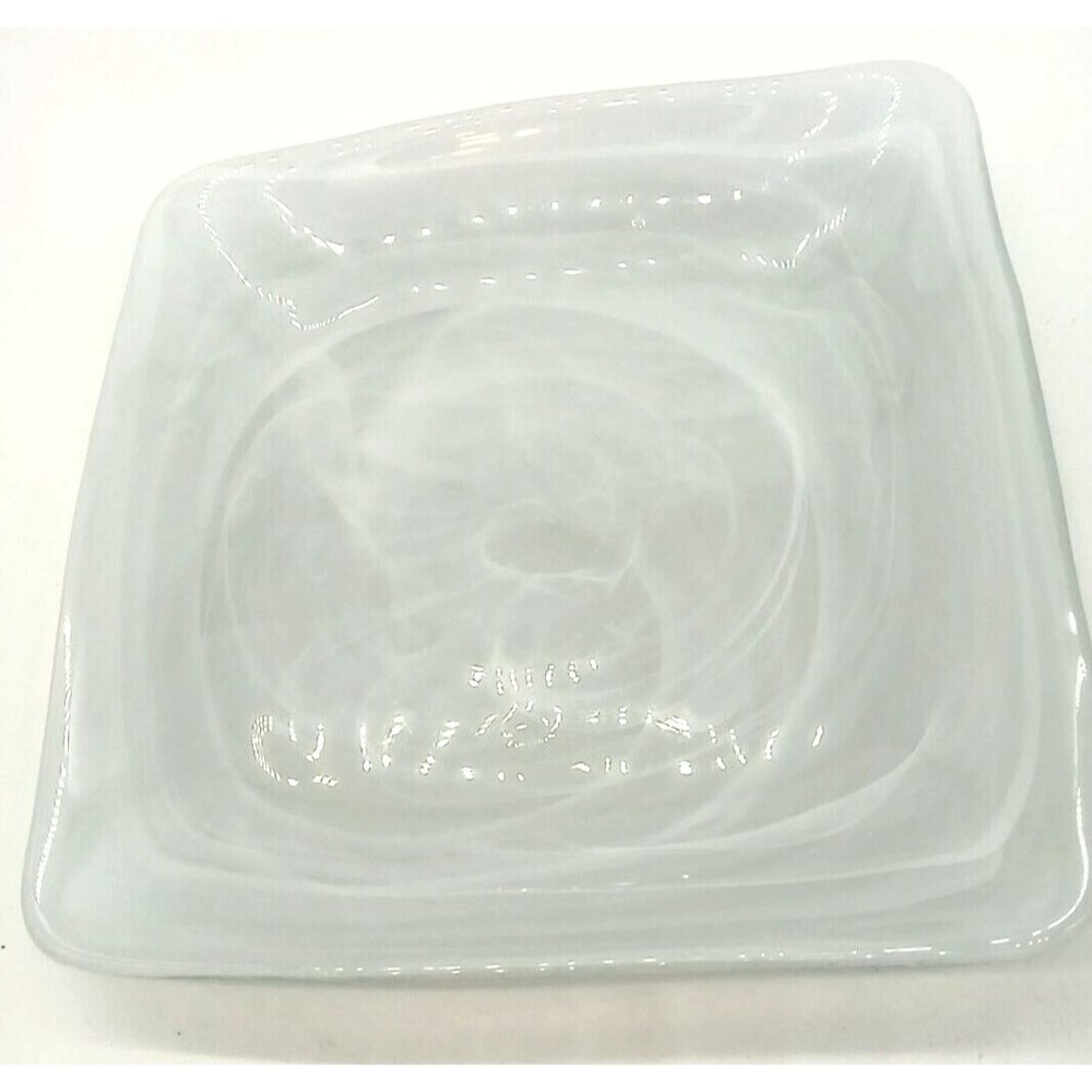 Fused Art Glass 11" Square Clear Glass With White Swirl Pattern Bowl/Tray